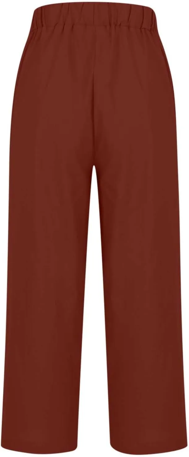 2024 Cotton Linen Pants Women Summer Elastic Waist Crop Pants Plus Size Straight Leg Slack Casual Trouser with Pocket