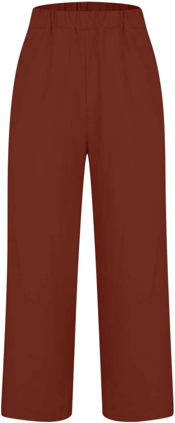 2024 Cotton Linen Pants Women Summer Elastic Waist Crop Pants Plus Size Straight Leg Slack Casual Trouser with Pocket