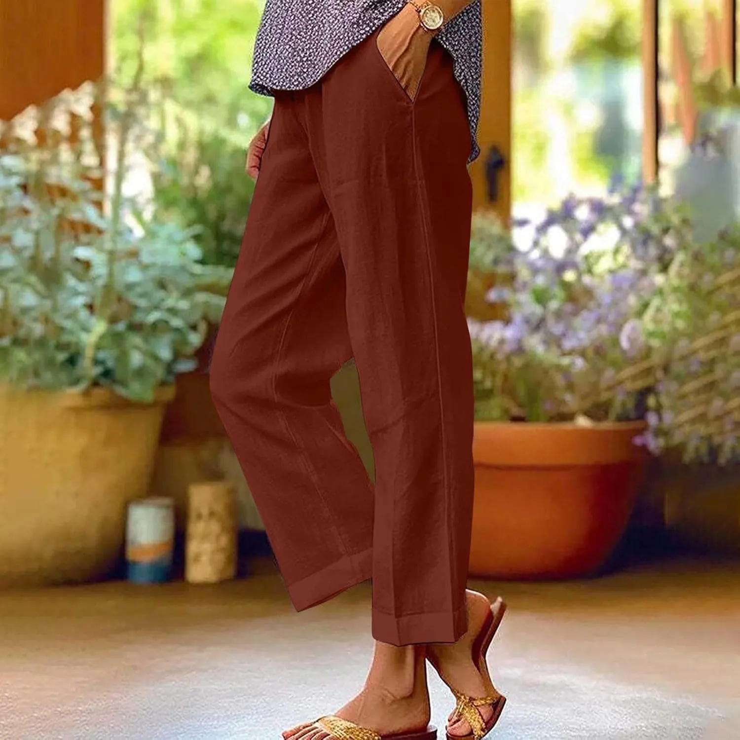 2024 Cotton Linen Pants Women Summer Elastic Waist Crop Pants Plus Size Straight Leg Slack Casual Trouser with Pocket