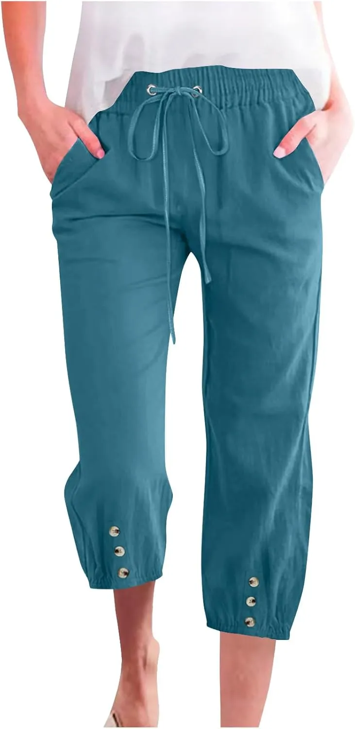 2025 Capri Linen Pants for Women Casual Summer Drawstring Elastic High Botton Pant Straight Leg Cropped Trouser