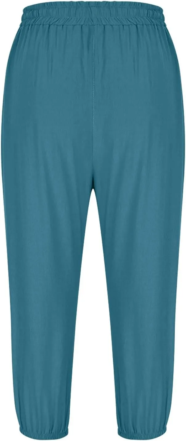 2025 Capri Linen Pants for Women Casual Summer Drawstring Elastic High Botton Pant Straight Leg Cropped Trouser