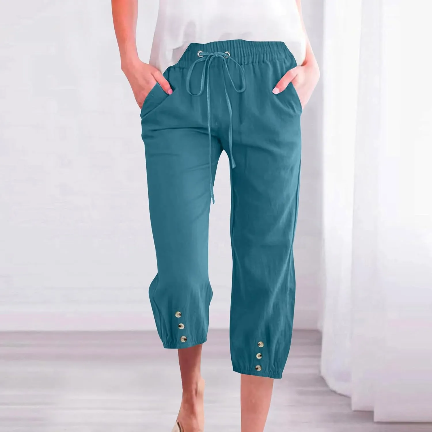 2025 Capri Linen Pants for Women Casual Summer Drawstring Elastic High Botton Pant Straight Leg Cropped Trouser