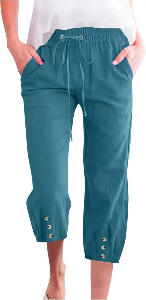 2025 Capri Linen Pants for Women Casual Summer Drawstring Elastic High Botton Pant Straight Leg Cropped Trouser