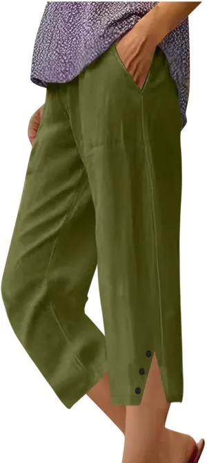2025 Capri Pants for Women Casual Summer Drawstring Elastic High Waist Linen Pant Straight Leg Cropped Trouser