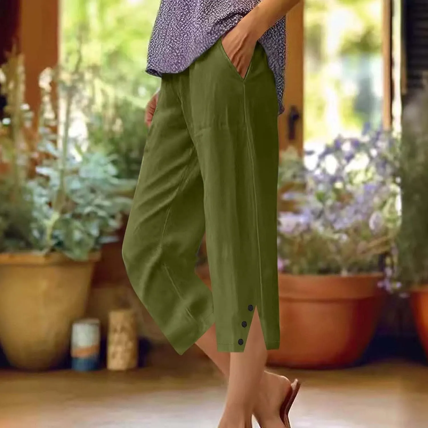 2025 Capri Pants for Women Casual Summer Drawstring Elastic High Waist Linen Pant Straight Leg Cropped Trouser