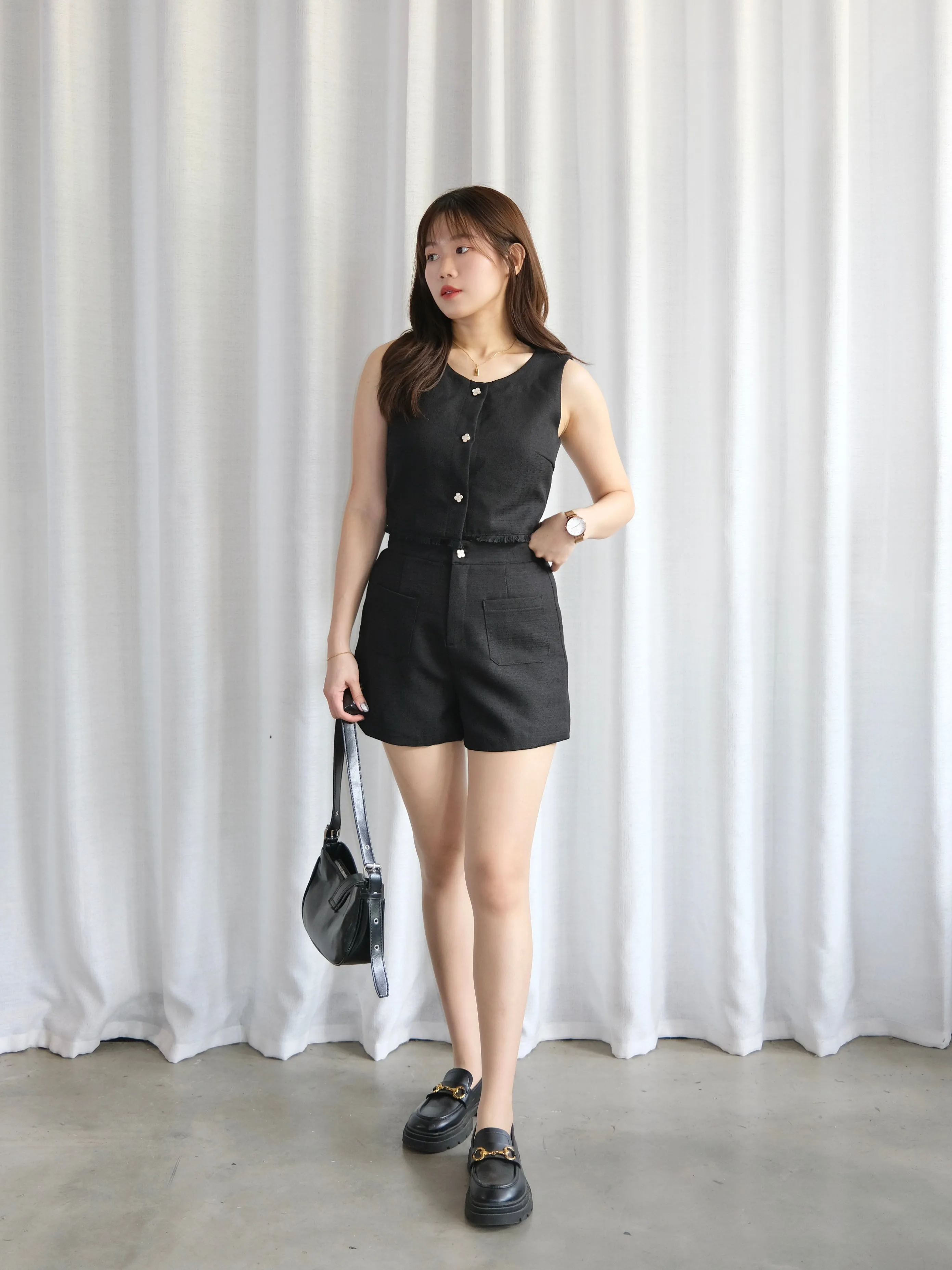 ACEWIN Flower Button Front Tweed Crop Top with Shorts Set (Size S-L) 800117
