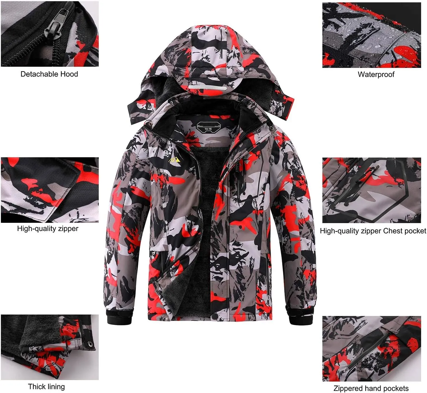 AFILOK Boy's Ski Jacket Waterproof Breathable Kids Fleece Lined Windproof Hooded Snowboard Coats