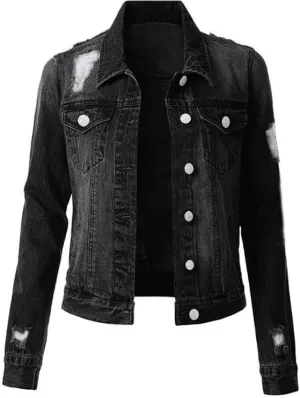Akivide Ripped Jean Jacket for Women Button Down Long Sleeve Distressed Denim Trucker Jacket with Pockets