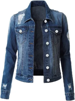 Akivide Ripped Jean Jacket for Women Button Down Long Sleeve Distressed Denim Trucker Jacket with Pockets