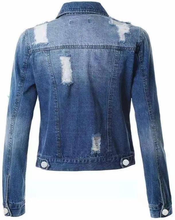 Akivide Ripped Jean Jacket for Women Button Down Long Sleeve Distressed Denim Trucker Jacket with Pockets