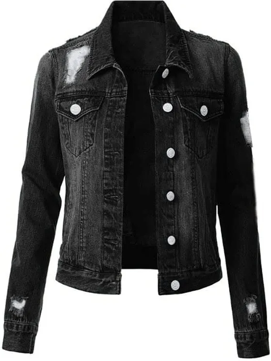 Akivide Ripped Jean Jacket for Women Button Down Long Sleeve Distressed Denim Trucker Jacket with Pockets