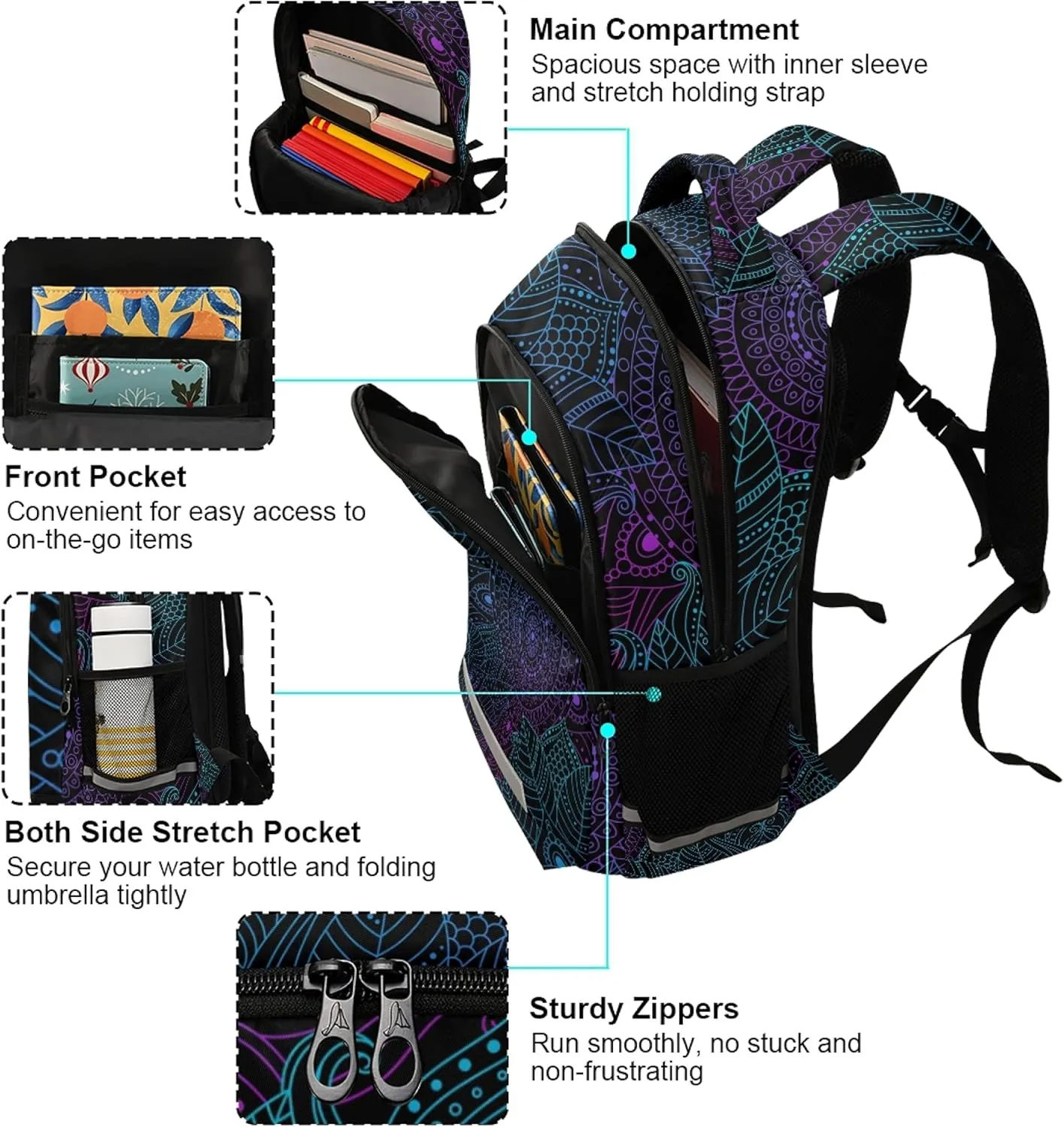 ALAZA Art Arabesque Mandala Boho Ethnic Bohemian Backpack Purse for Women Men Personalized Laptop Notebook Tablet School Bag Stylish Casual Daypack, 13 14 15.6 inch
