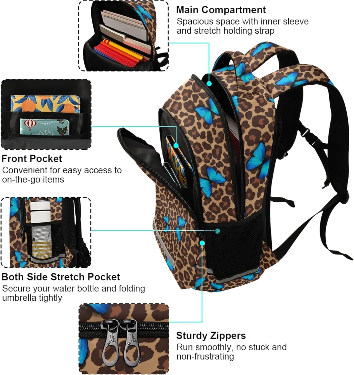 ALAZA Blue Butterfly Leopard Cheetah Print Backpack Purse for Women Men Personalized Laptop Notebook Tablet School Bag Stylish Casual Daypack, 13 14 15.6 inch