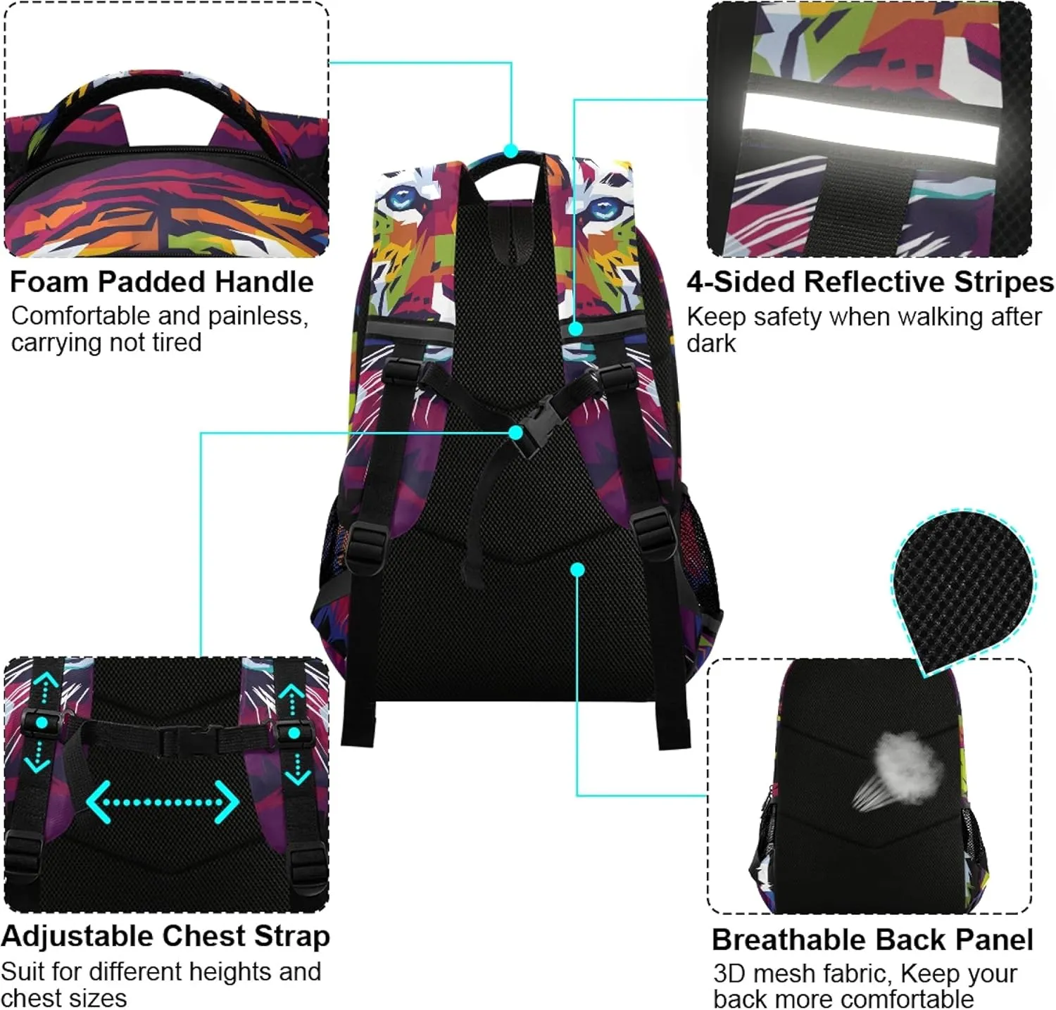 ALAZA Colorful Tiger Animal Print Pop Art Backpack Purse for Women Men Personalized Laptop Notebook Tablet School Bag Stylish Casual Daypack, 13 14 15.6 inch