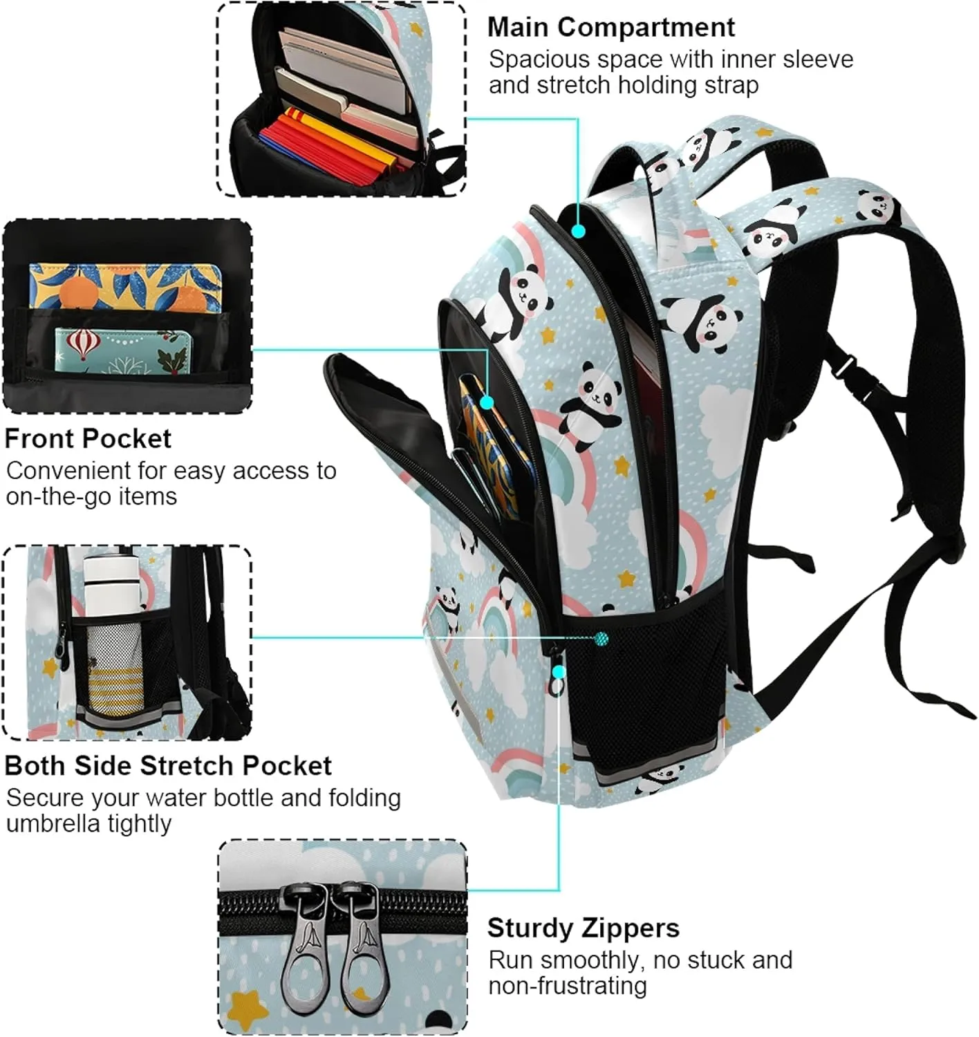 ALAZA Cute Panda With Dot Rainbow Cloud & Star Backpack Purse for Women Men Personalized Laptop Notebook Tablet School Bag Stylish Casual Daypack, 13 14 15.6 inch