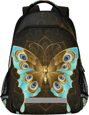 ALAZA Gold & Turquoise Butterfly Print Backpack Purse for Women Men Personalized Laptop Notebook Tablet School Bag Stylish Casual Daypack, 13 14 15.6 inch