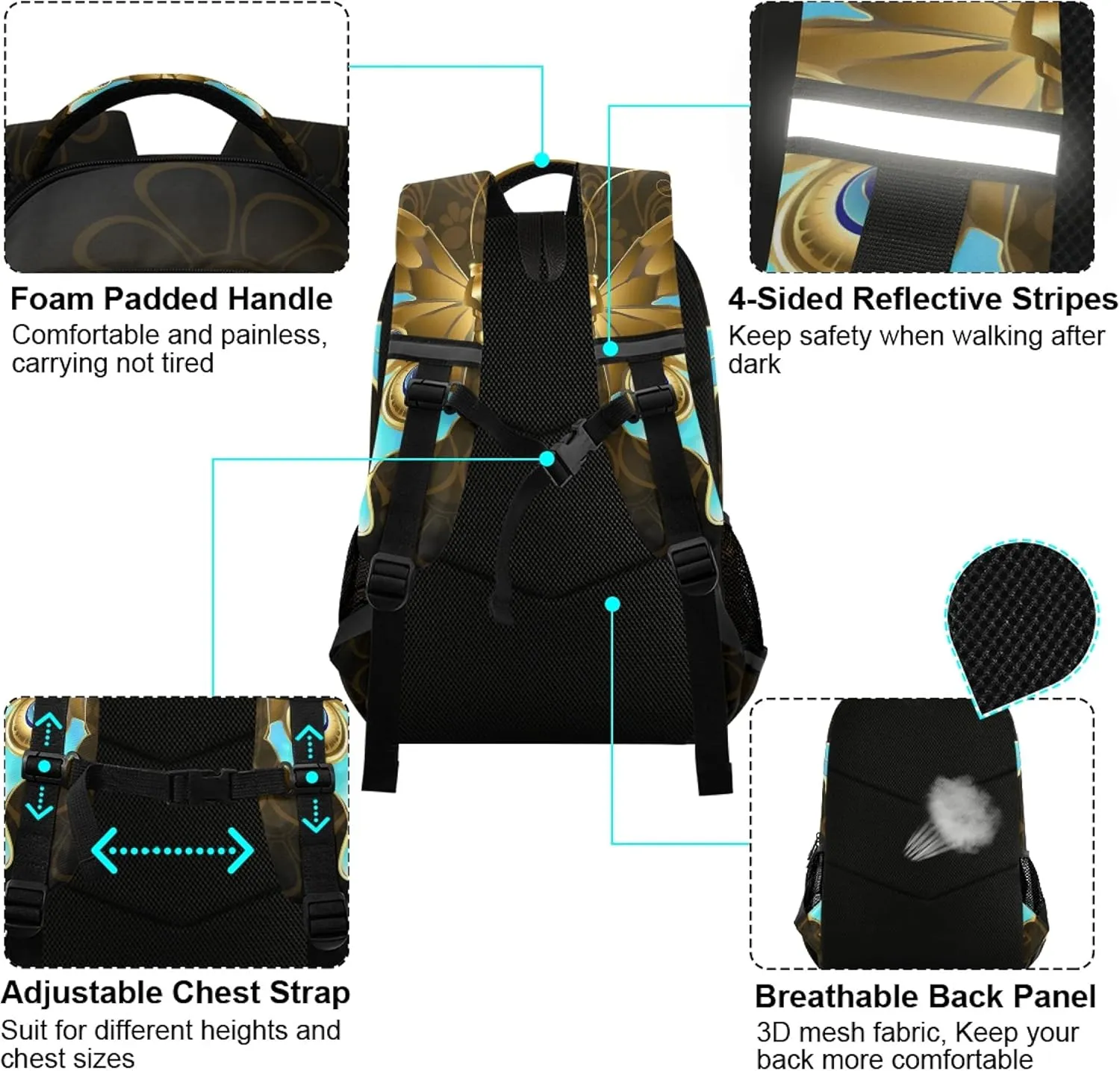 ALAZA Gold & Turquoise Butterfly Print Backpack Purse for Women Men Personalized Laptop Notebook Tablet School Bag Stylish Casual Daypack, 13 14 15.6 inch