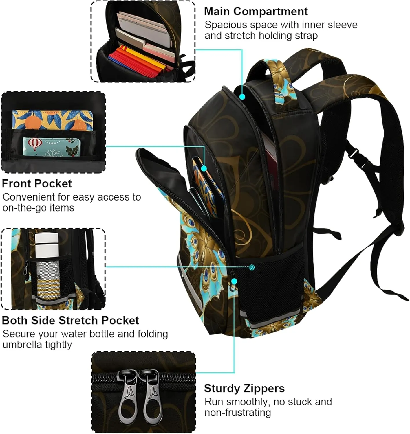 ALAZA Gold & Turquoise Butterfly Print Backpack Purse for Women Men Personalized Laptop Notebook Tablet School Bag Stylish Casual Daypack, 13 14 15.6 inch