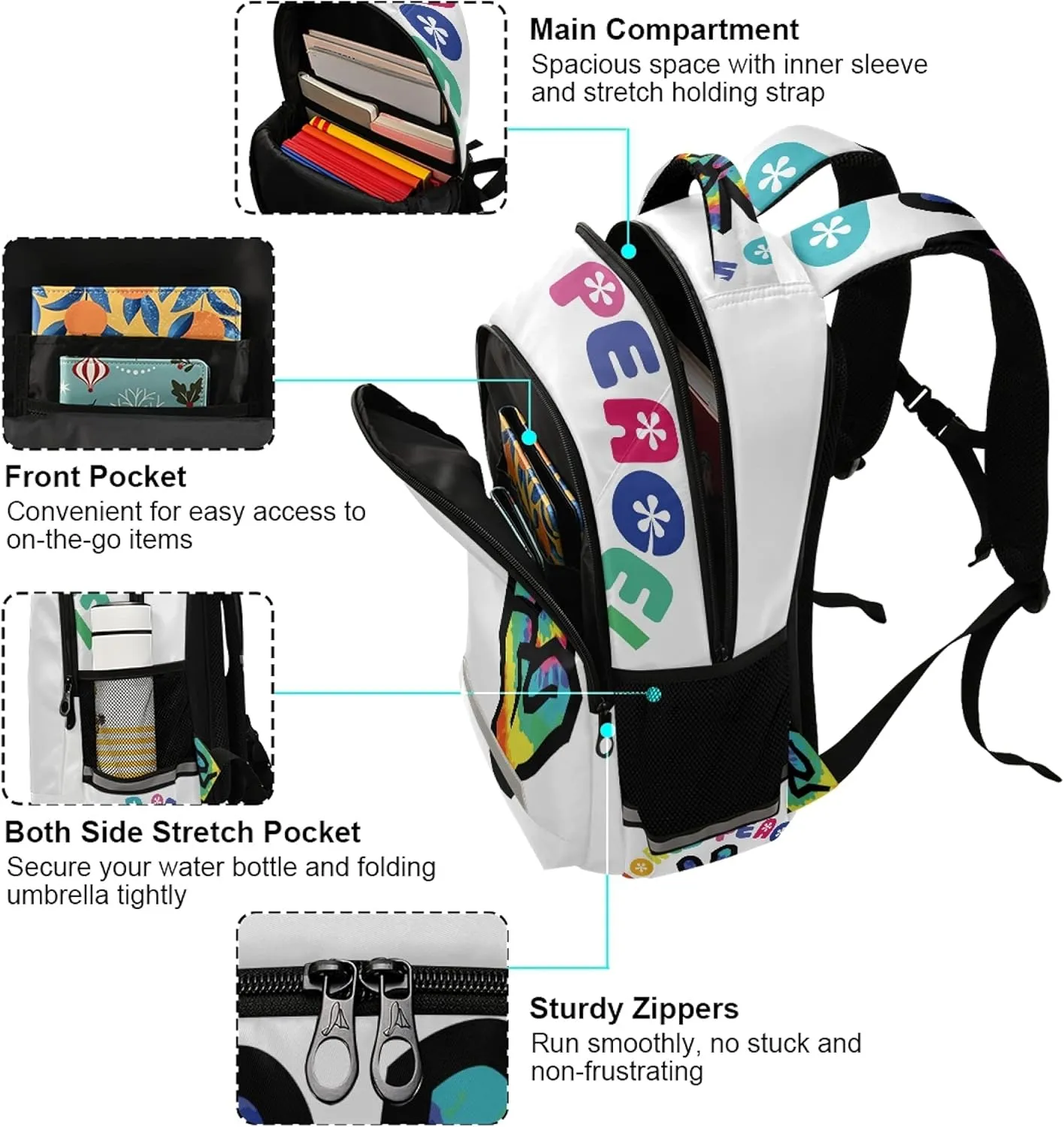 ALAZA Hippie Rainbow Peace Sign Gesture Symbol Backpack Purse for Women Men Personalized Laptop Notebook Tablet School Bag Stylish Casual Daypack, 13 14 15.6 inch