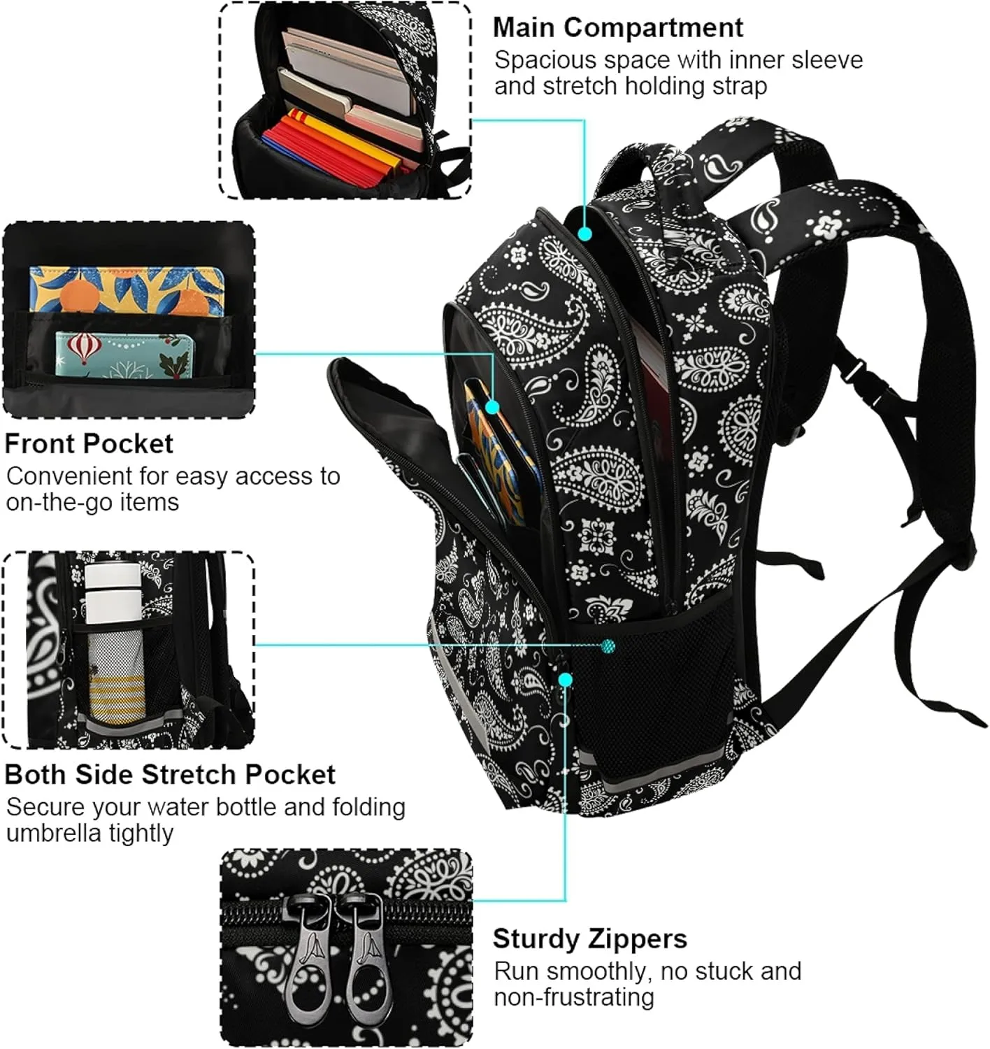 ALAZA Ornament Paisley Bandana Print Black Backpack Purse for Women Men Personalized Laptop Notebook Tablet School Bag Stylish Casual Daypack, 13 14 15.6 inch