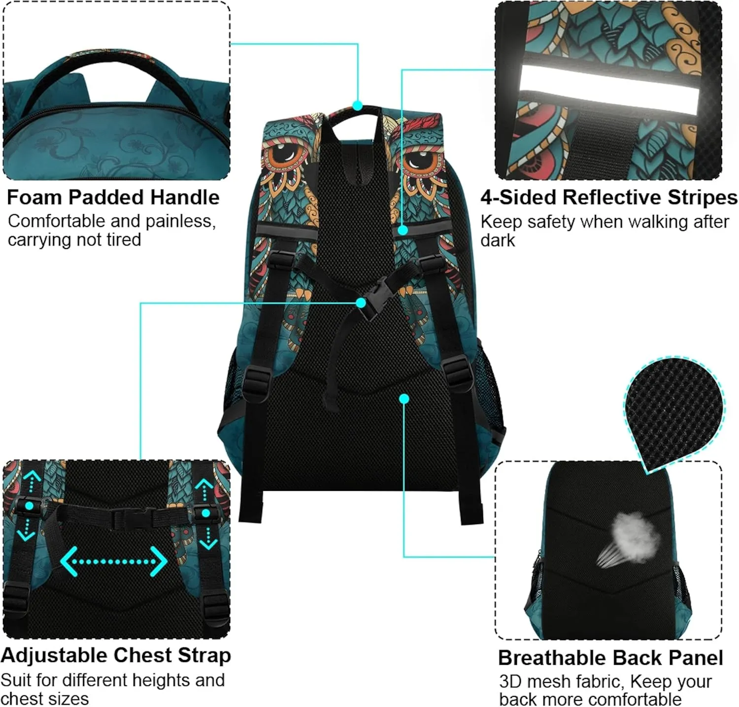 ALAZA Owl Print Boho Ethnic Backpack Purse for Women Men Personalized Laptop Notebook Tablet School Bag Stylish Casual Daypack, 13 14 15.6 inch