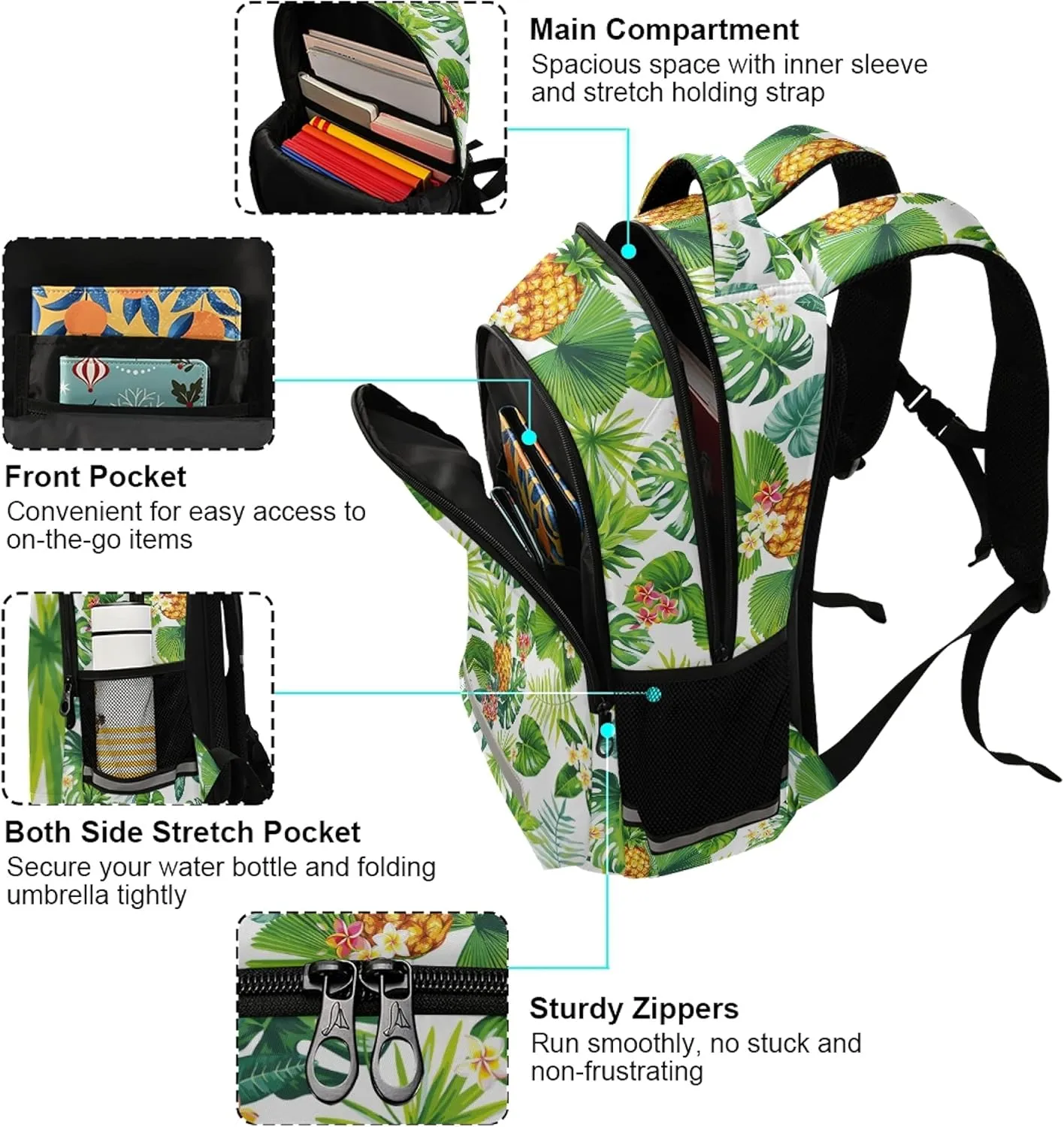ALAZA Pineapple Tropical Palm Leaf And Flower Backpack Purse for Women Men Personalized Laptop Notebook Tablet School Bag Stylish Casual Daypack, 13 14 15.6 inch