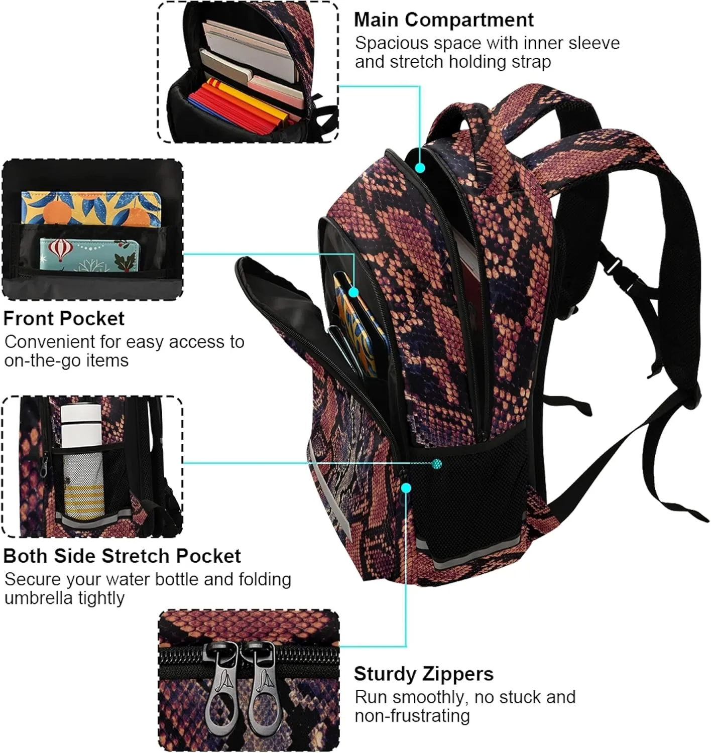 ALAZA Snake Print Animal Skin Backpack Purse for Women Men Personalized Laptop Notebook Tablet School Bag Stylish Casual Daypack, 13 14 15.6 inch