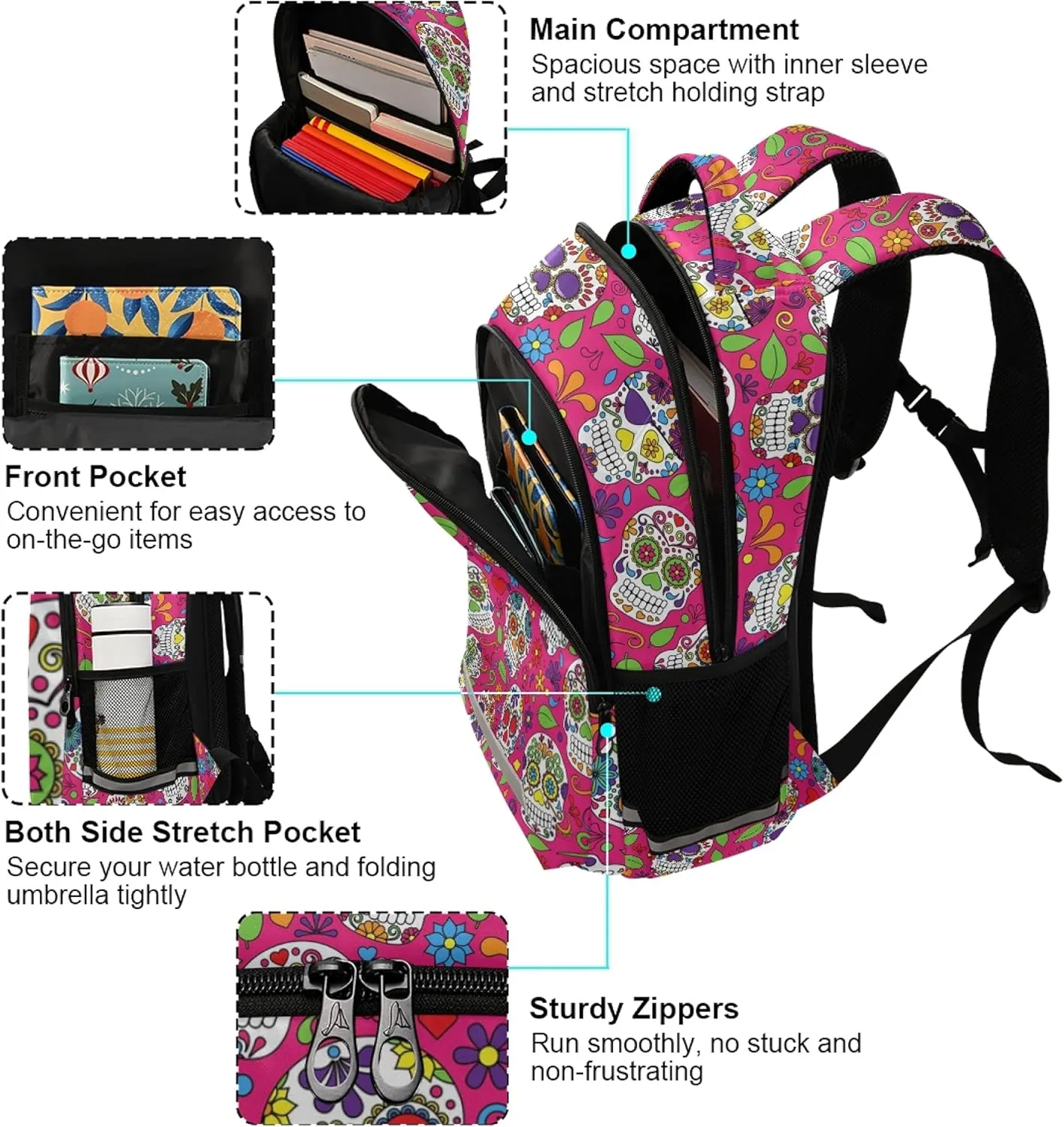 ALAZA Sugar Skull Day Off The Dead Pink Backpack Purse for Women Men Personalized Laptop Notebook Tablet School Bag Stylish Casual Daypack, 13 14 15.6 inch