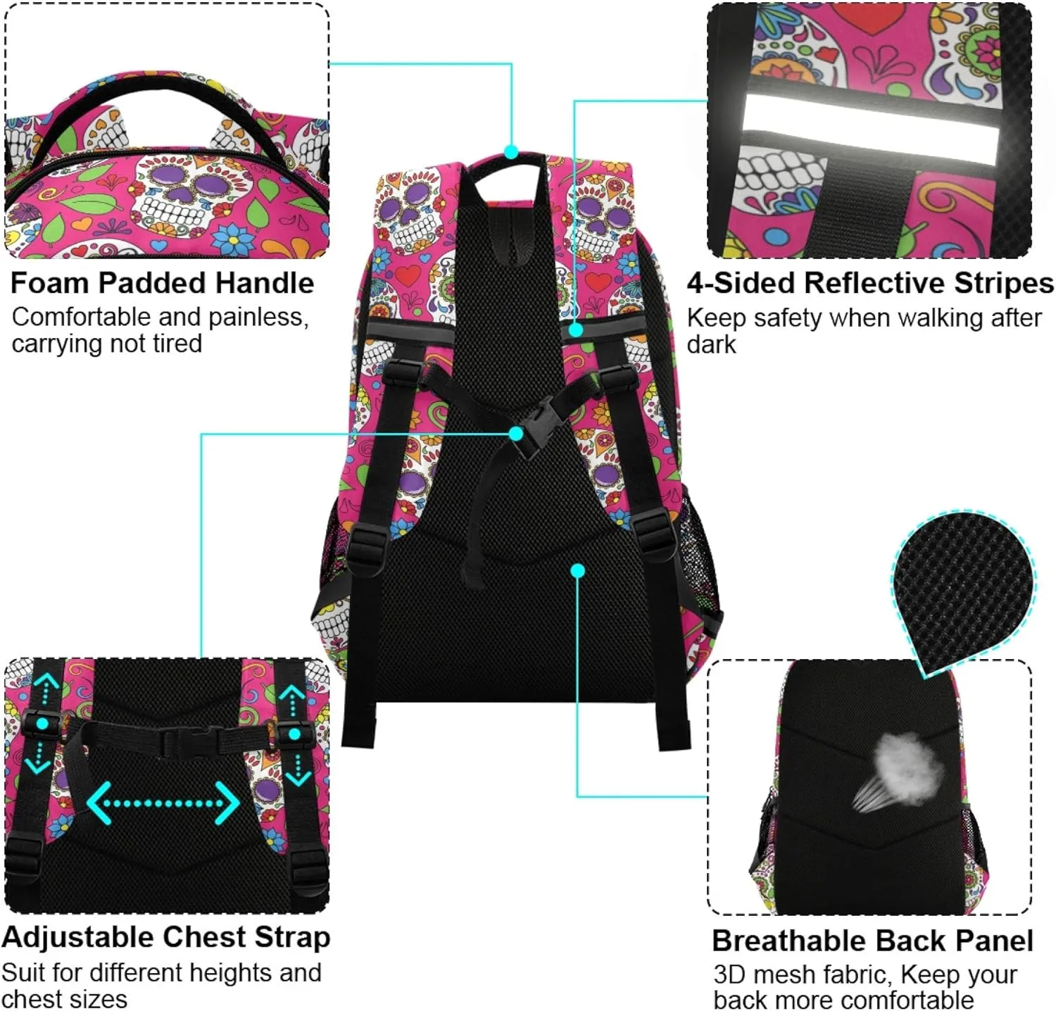 ALAZA Sugar Skull Day Off The Dead Pink Backpack Purse for Women Men Personalized Laptop Notebook Tablet School Bag Stylish Casual Daypack, 13 14 15.6 inch