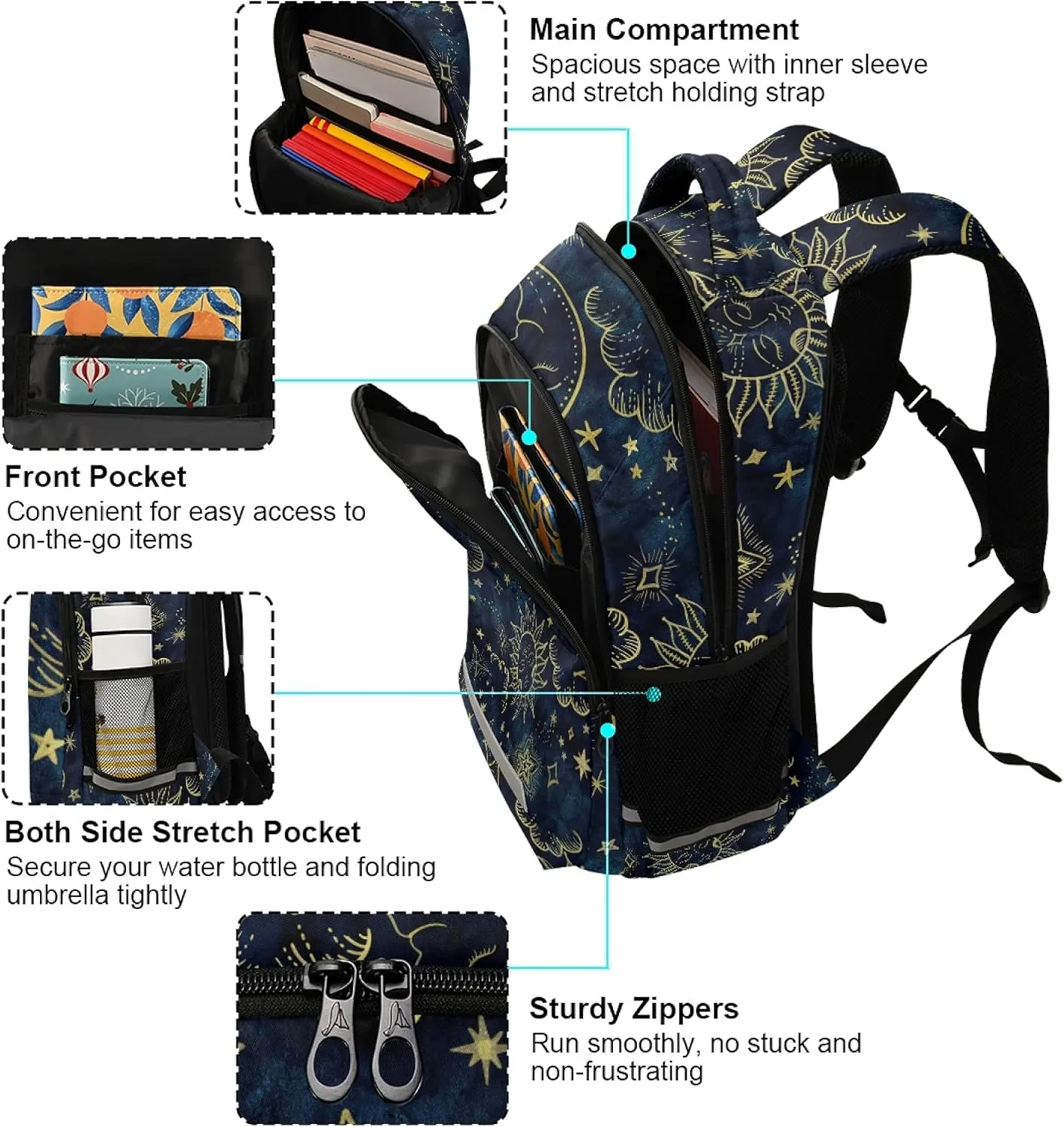 ALAZA Sun Moon Boho Cosmos Astrology Backpack Purse for Women Men Personalized Laptop Notebook Tablet School Bag Stylish Casual Daypack, 13 14 15.6 inch