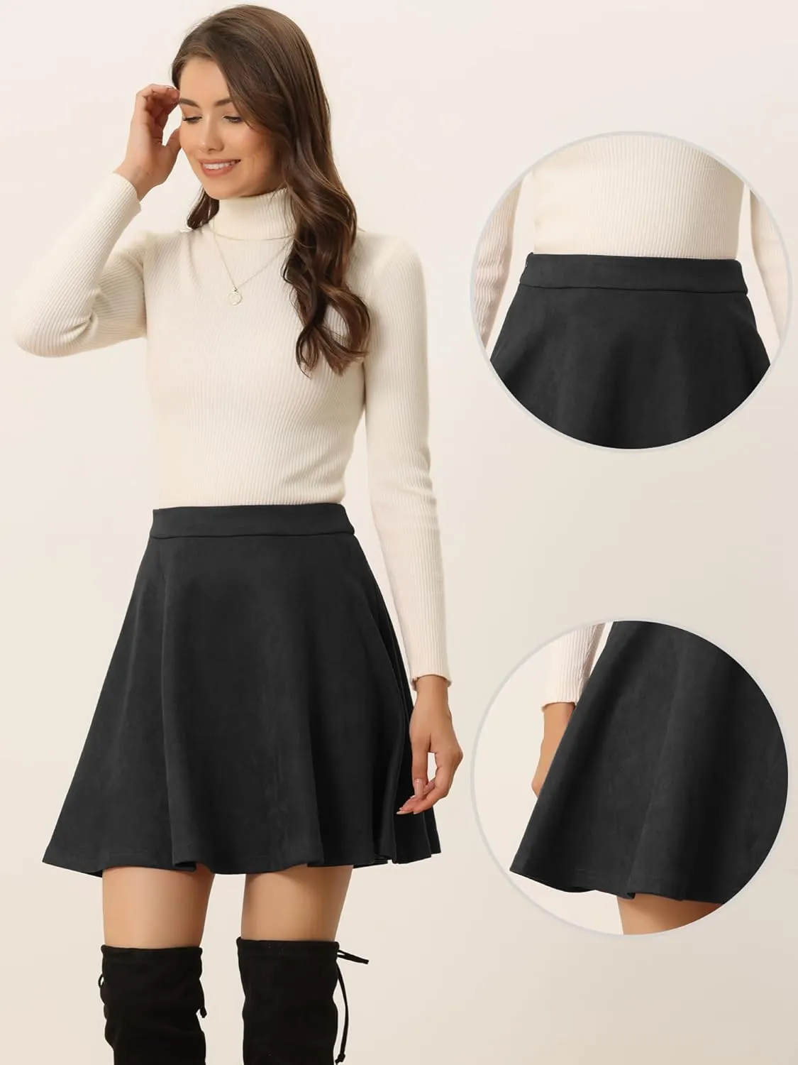 Allegra K Faux Suede Skirt for Women's Basic Short Flared Casual Mini Skater Skirt