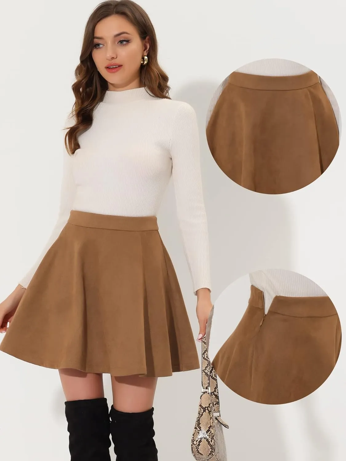 Allegra K Faux Suede Skirt for Women's Basic Short Flared Casual Mini Skater Skirt