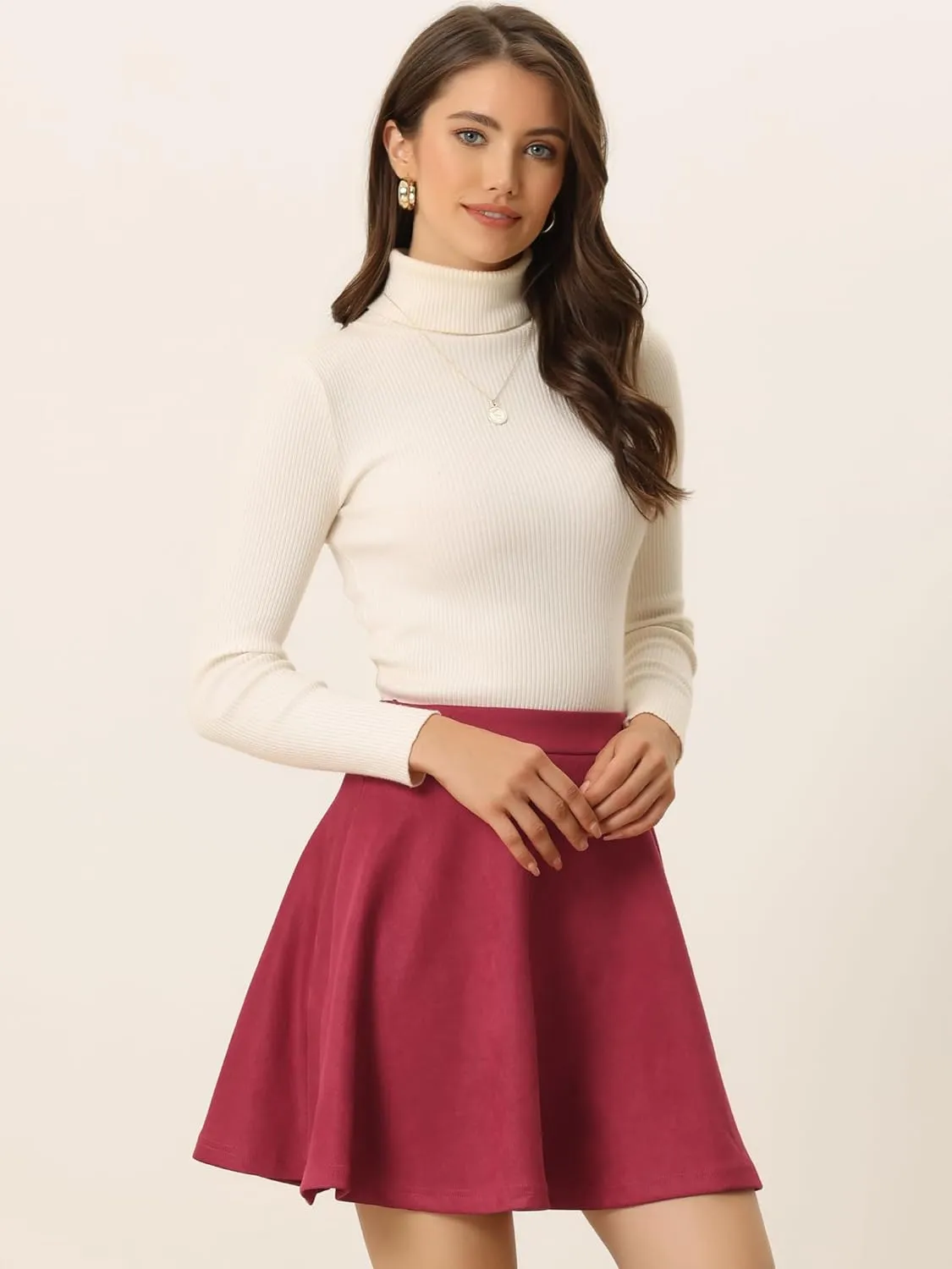 Allegra K Faux Suede Skirt for Women's Basic Short Flared Casual Mini Skater Skirt