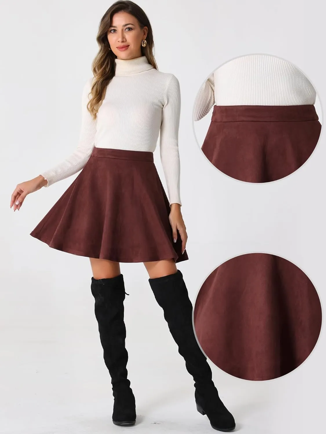 Allegra K Faux Suede Skirt for Women's Basic Short Flared Casual Mini Skater Skirt