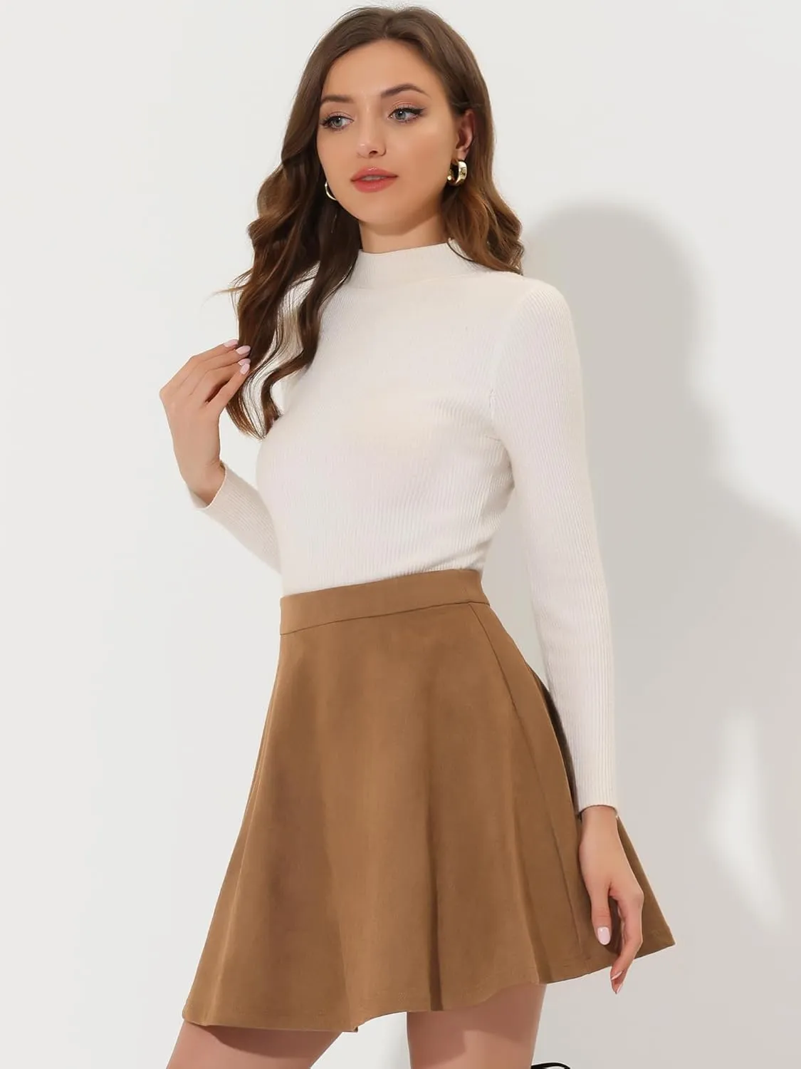 Allegra K Faux Suede Skirt for Women's Basic Short Flared Casual Mini Skater Skirt