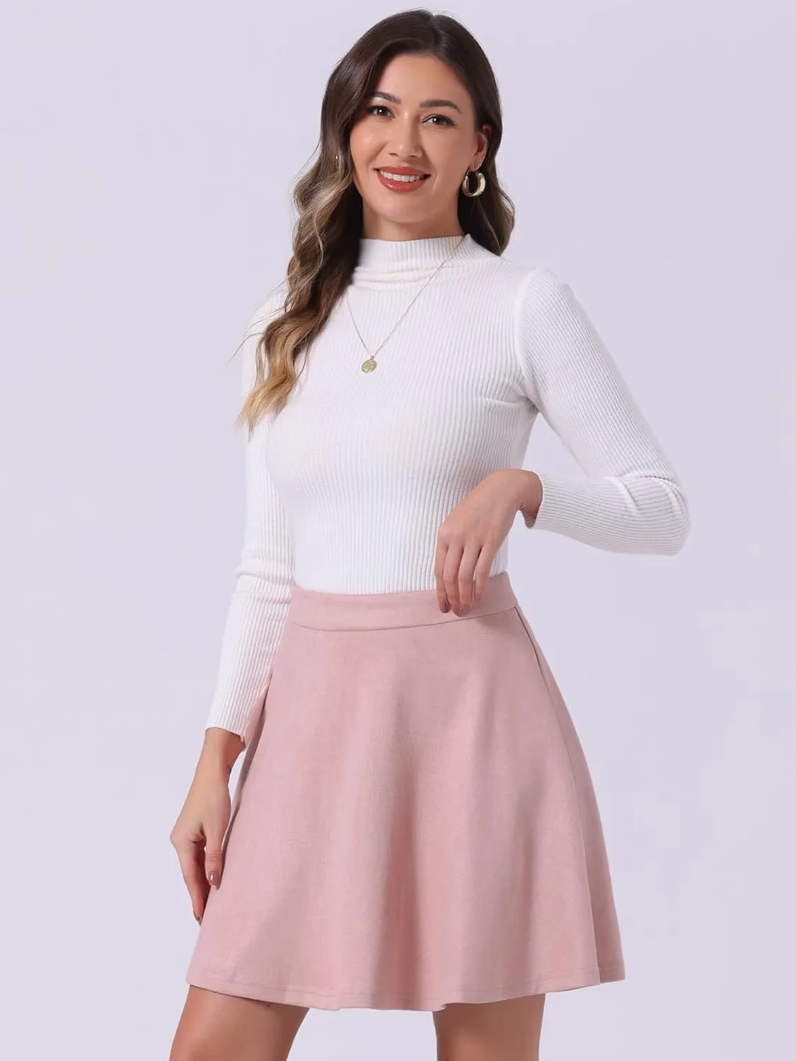 Allegra K Faux Suede Skirt for Women's Basic Short Flared Casual Mini Skater Skirt