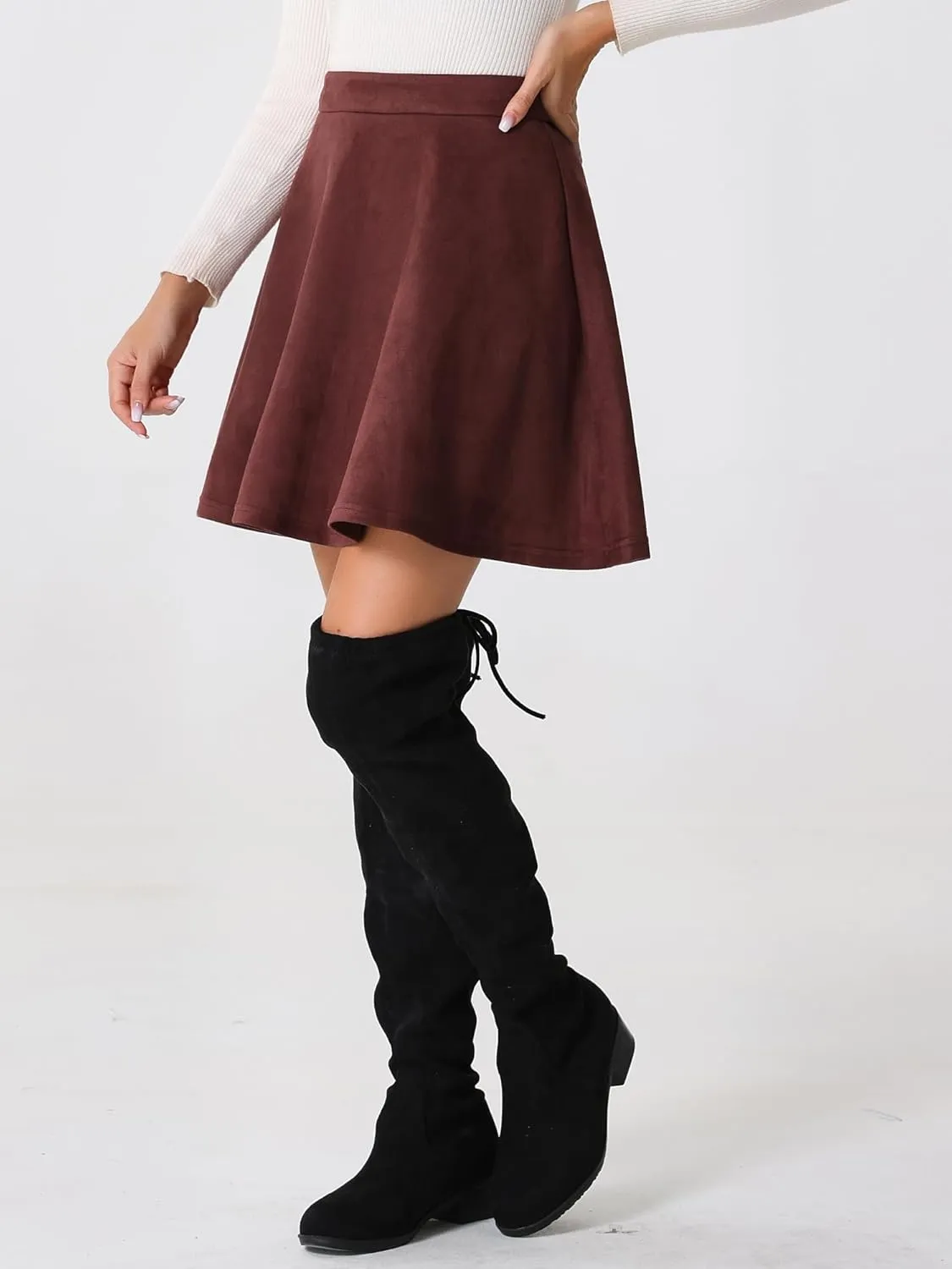 Allegra K Faux Suede Skirt for Women's Basic Short Flared Casual Mini Skater Skirt