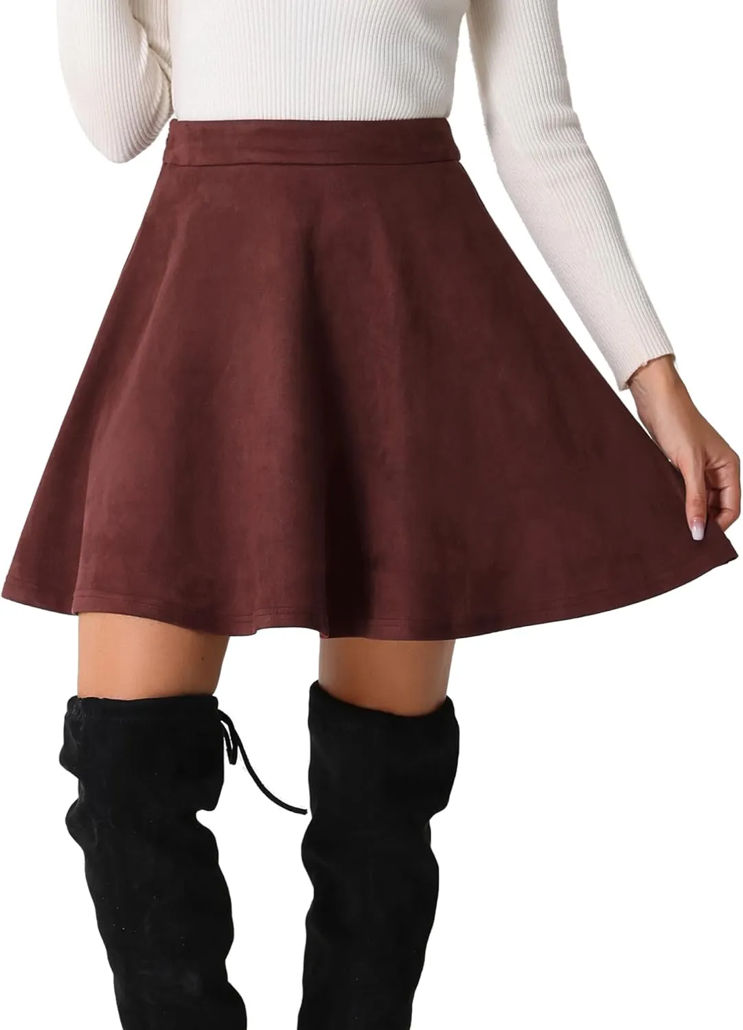 Allegra K Faux Suede Skirt for Women's Basic Short Flared Casual Mini Skater Skirt