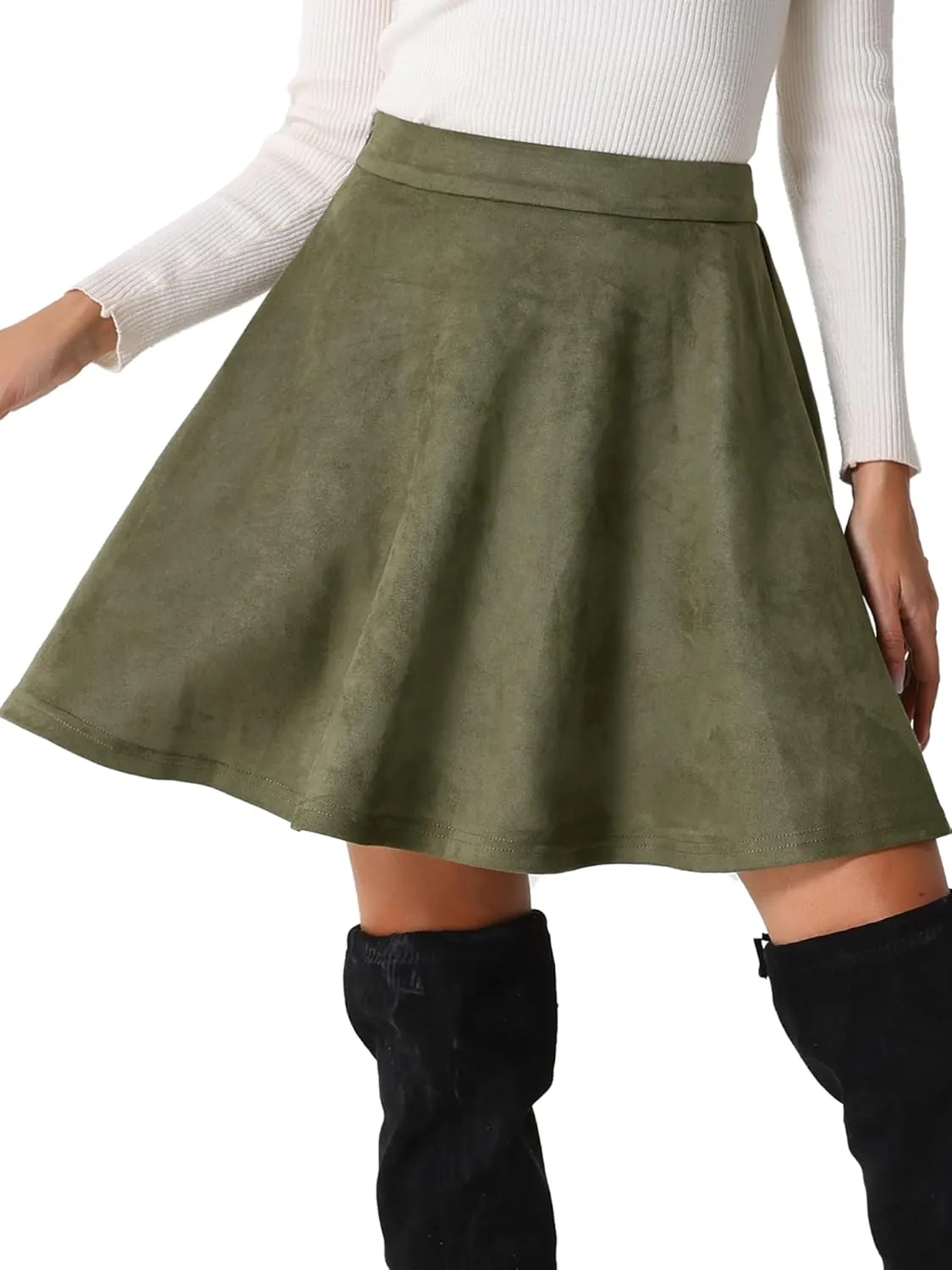 Allegra K Faux Suede Skirt for Women's Basic Short Flared Casual Mini Skater Skirt