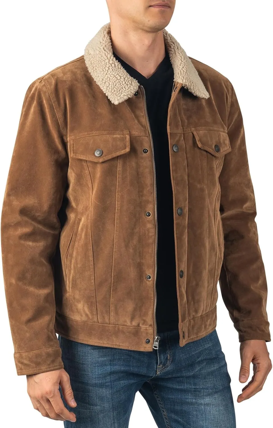 Alpine Swiss Aaron Mens Trucker Jacket Sherpa Collar Vegan Leather Warm Casual Coat