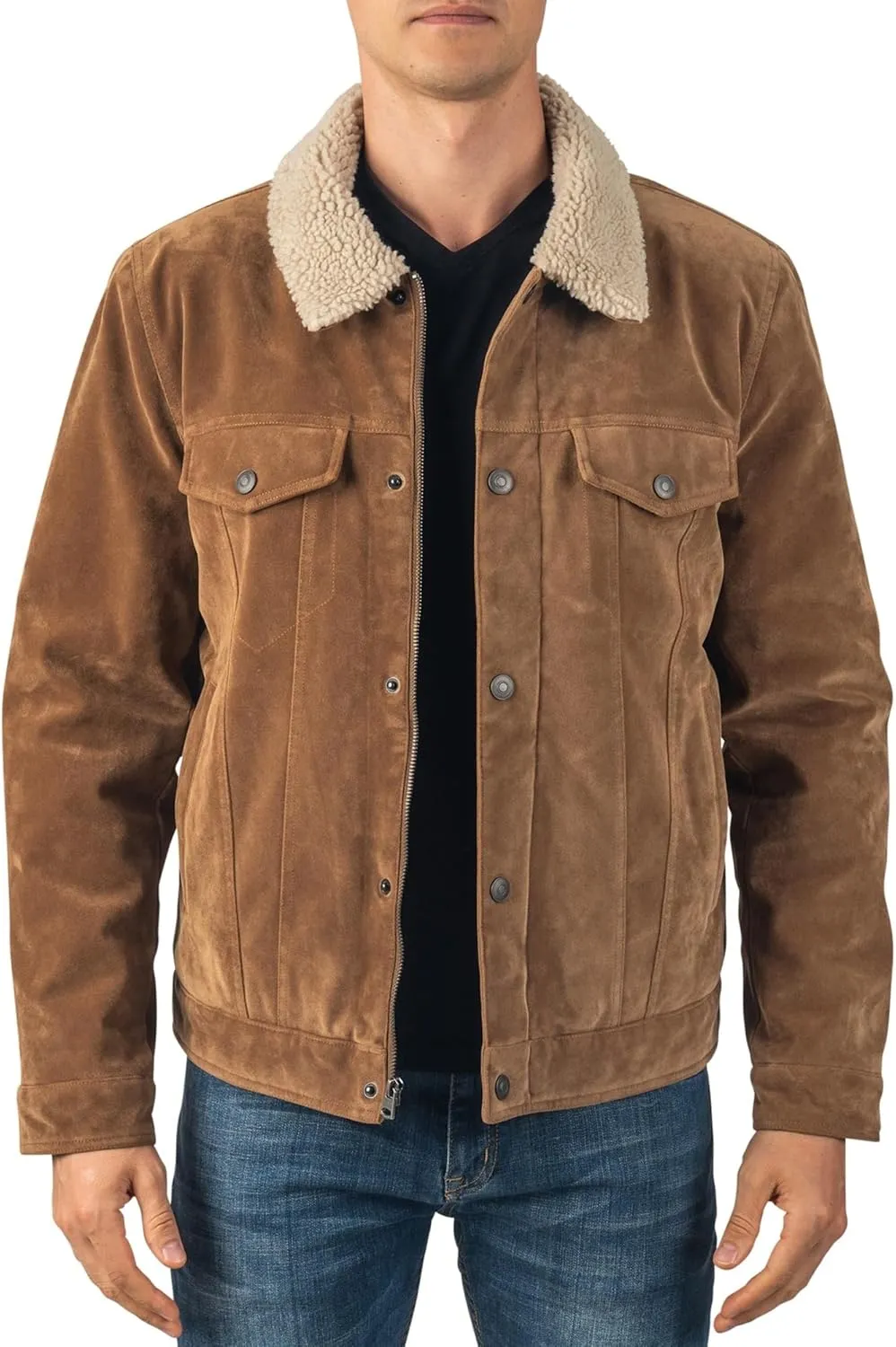 Alpine Swiss Aaron Mens Trucker Jacket Sherpa Collar Vegan Leather Warm Casual Coat
