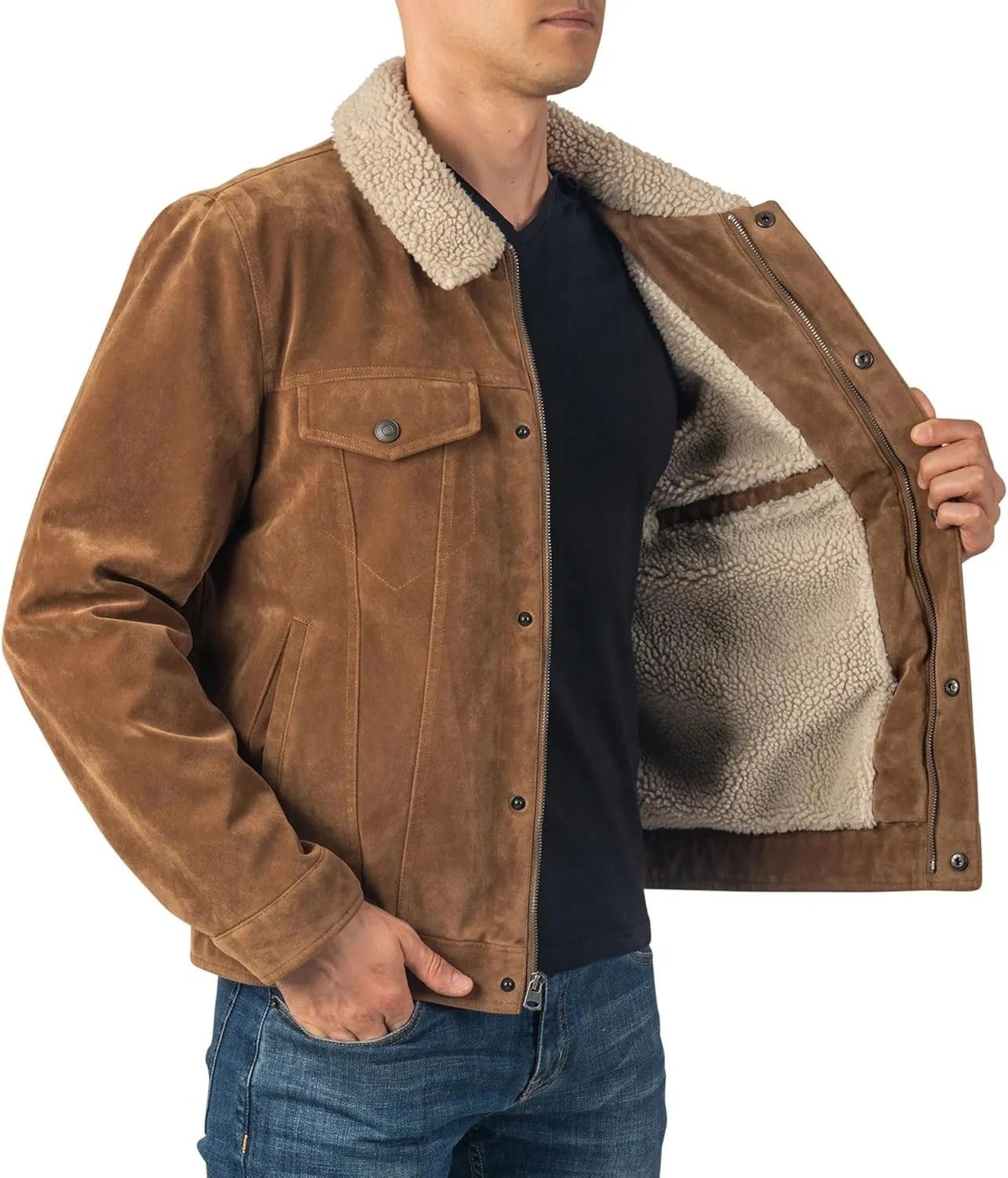Alpine Swiss Aaron Mens Trucker Jacket Sherpa Collar Vegan Leather Warm Casual Coat