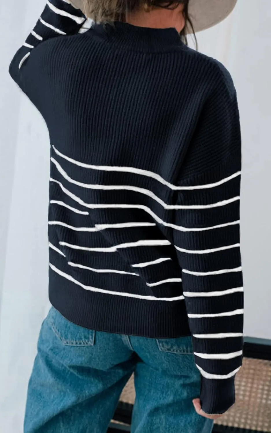 Amkoyam Women's Striped Sweaters 2023 Long Sleeves Knitted Casual Pullovers Loose Shirt Tops with Button Fall Winter