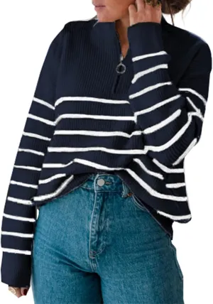 Amkoyam Women's Striped Sweaters 2023 Long Sleeves Knitted Casual Pullovers Loose Shirt Tops with Button Fall Winter