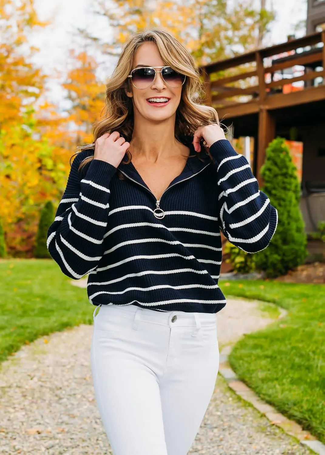 Amkoyam Women's Striped Sweaters 2023 Long Sleeves Knitted Casual Pullovers Loose Shirt Tops with Button Fall Winter