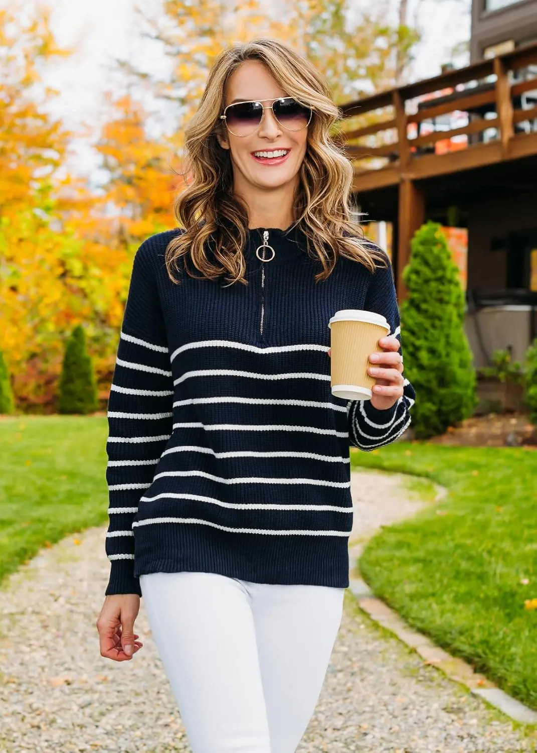 Amkoyam Women's Striped Sweaters 2023 Long Sleeves Knitted Casual Pullovers Loose Shirt Tops with Button Fall Winter