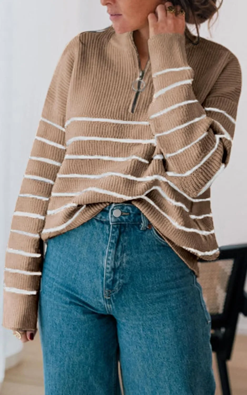 Amkoyam Women's Striped Sweaters 2023 Long Sleeves Knitted Casual Pullovers Loose Shirt Tops with Button Fall Winter