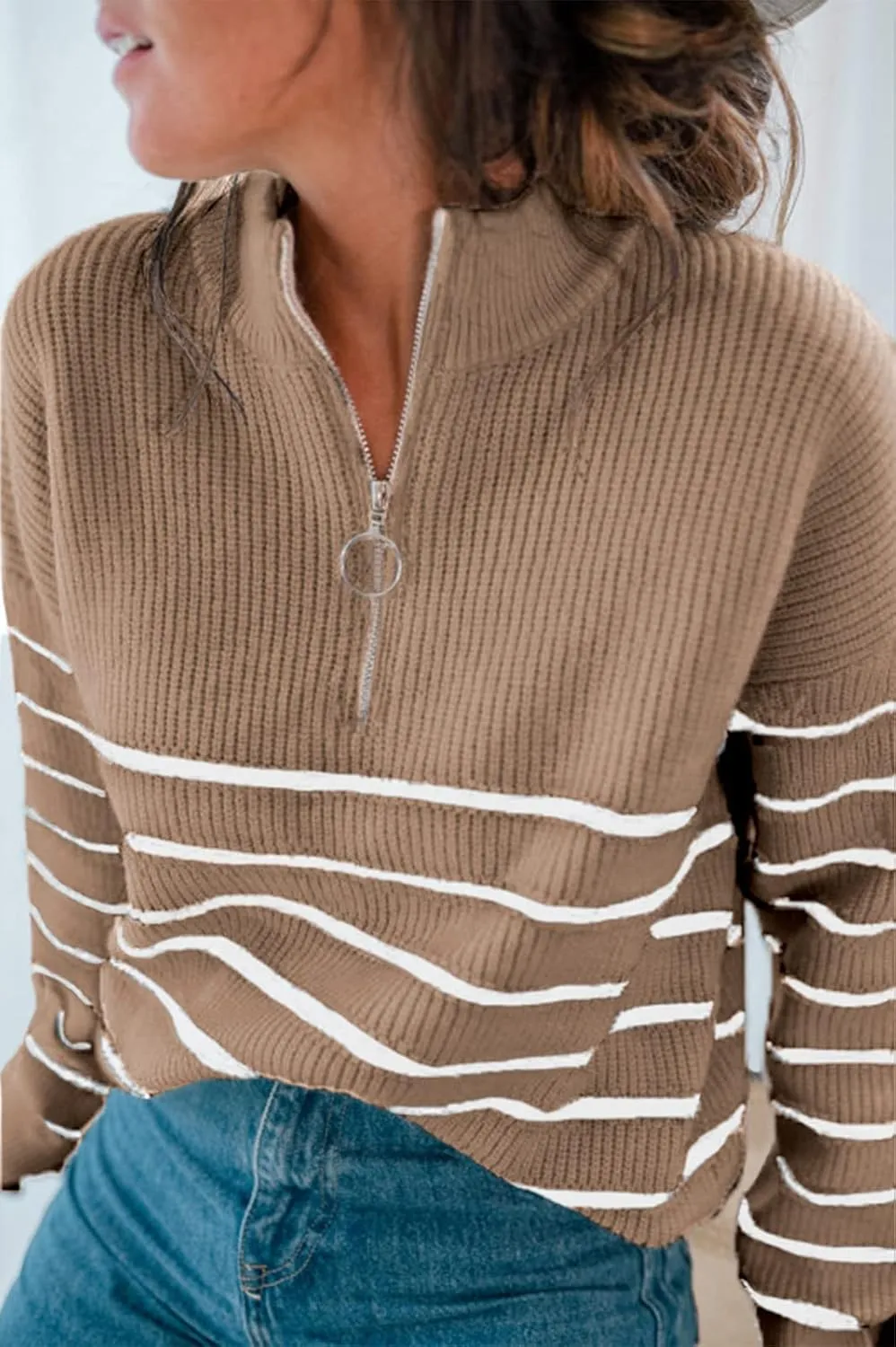 Amkoyam Women's Striped Sweaters 2023 Long Sleeves Knitted Casual Pullovers Loose Shirt Tops with Button Fall Winter