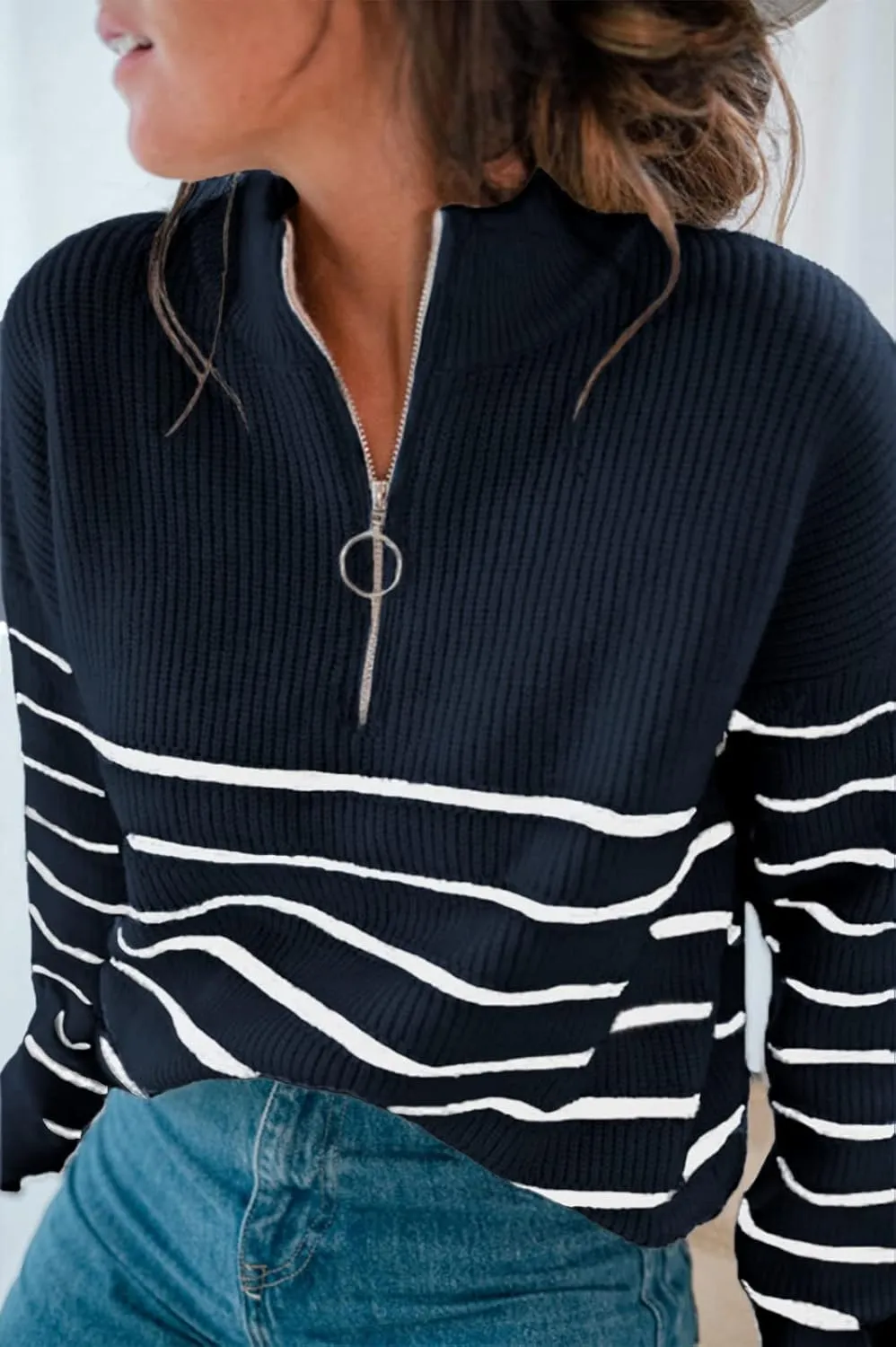 Amkoyam Women's Striped Sweaters 2023 Long Sleeves Knitted Casual Pullovers Loose Shirt Tops with Button Fall Winter