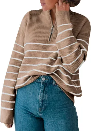 Amkoyam Women's Striped Sweaters 2023 Long Sleeves Knitted Casual Pullovers Loose Shirt Tops with Button Fall Winter